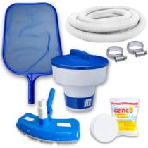 Kit Limpeza de Piscina Mangueira 2m 32mm + Aspirador + Peneira + Flutuador + Pastilha de Cloro