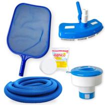 Kit Limpeza de Piscina Mangueira 2m 38mm+ Aspirador + Peneira + Flutuador + Pastilha de Cloro