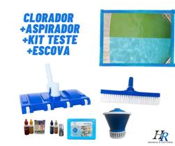 Kit Limpeza de Piscinas Escova + Aspirador + Tester 3X1 + Clorador