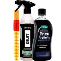 Kit Limpeza de Pneu Plasticos Borracha Delet Spray Vonixx + Pneu Pretinho Brilho Molhado Vonixx Pincel Detalhamento