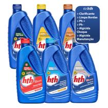 Kit Limpeza e Tratamento De Piscinas Completo Hth Limpa Bordas Maxfloc Algicida Ph Alcalinidade Com 6 Litros Kit Limpeza e Tratamento De Piscinas Completo Hth Limpa Bordas Maxfloc Algicida Ph Alcalinidade Com 6 Litros