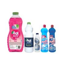 Kit Limpeza Essencial: Água Sanitária, Desinfetante Floral, Limpador Multiuso, Limpa Vidros e Sapólio Cremoso Kit Limpeza Essencial: Água Sanitária, Desinfetante Floral, Limpador Multiuso, Limpa Vidros e Sapólio Cremoso