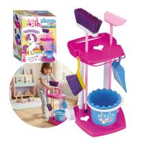 Kit Limpeza Infantil Unicórnio Completo Com Carrinho Vassoura Rodo E Acessórios Educativo Com 11 Peças Kizumba