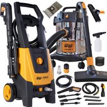 Kit Limpeza Lavadora de Alta Pressão 1700W Potente E Aspirador Água e Pó Com Rodas Soprador WAP