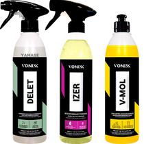 Kit Limpeza Lavagem Automotiva Limpador de Plasticos Borrachas Shampoo Desengraxante Neutro Descontaminante Ferroso Delet Izer Vmol 500ml Vonixx