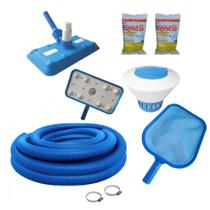 Kit Limpeza Piscina Aspirador + Peneira + Flutuador + Pastilhas Cloro e Mangueira 38mm 4 Mts