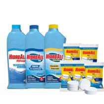 Kit Limpeza Piscina Com Limpa Borda Algicida De Manutenção Clarificante Floculante E Tablet De Cloro 200gr