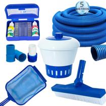 Kit Limpeza Piscina Escova Peneira Clorador Estojo Ph Alcalinidade Cloro Mangueira Adaptadores