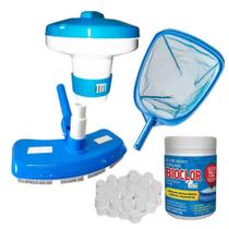 Kit Limpeza Piscina Flutuador + Peneira Tipo Puca + Aspirador + Mini Pastilha Cloro 2 G