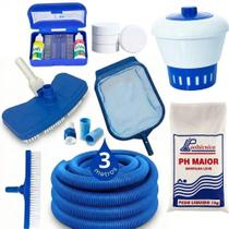 Kit Limpeza Piscina Mangueira Aspirador Peneira Escova Pastilha e Barrilha Tratamento e Manutenção Kit Limpeza Piscina Mangueira Aspirador Peneira Escova Pastilha e Barrilha Tratamento e Manutenção