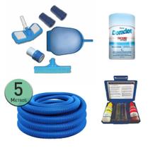 Kit Limpeza Piscinas + 5m Mangueira + Estojo de Análise pH + Pastilhas Cloro Kit Limpeza Piscinas + 5m Mangueira + Estojo de Análise pH + Pastilhas Cloro