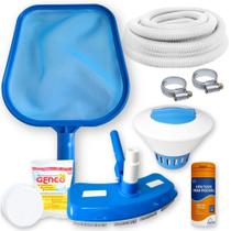 Kit Limpeza Piscinas Mangueira 6m 32mm + Aspirador + Peneira + Flutuador + Pastilha de Cloro