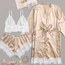 Kit Lingerie Sensual Cetim, Robe Kimono Dourado, 4 Peças, 23x28x1 cm