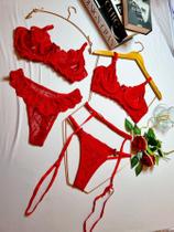 KIT Lingerie Sensual Tule Em Renda + Liga Secret Love