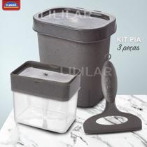 Kit Linha Pia 3 Peças Cinza Lixeira 2,5L + Porta Detergente 520ml + Rodinho Organização Cozinha