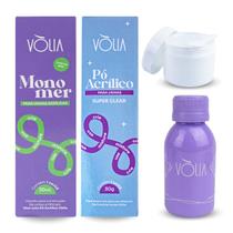 Kit Líquido Monomer 30ml + Pó Acrílico Super Clear Transparente Vòlia + Pote com Tampa Vedação Gel + Frasco Reuse-me 60ml