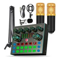 Kit Live Sound Card V8S Mixer Com 02 Microfones Condensadores Profissional