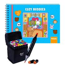 Kit Livrão Colorir Tik Tok Cozy Buddies & Friends 24 Desenho Bobbie Goods Capadura Canetinha Touch 48 Cores Ponta Dupla