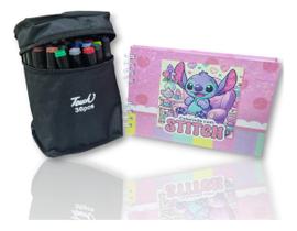 Kit Livrinho De Pintar Desenhos Stitch+ 36 Canetinhas Ponta Dupla Coloridas Desenhos Diversos Passa