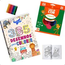 Kit Livro 365 desenhos + Caixa de lápis de cor Brinquedo - presente de natal Criança Jogo Para natal colorir aniversário