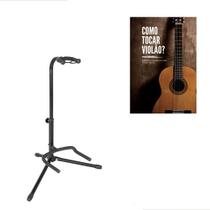 Kit Livro Com Suporte Guitarra Violão Chão Bertô Com Trava Profissional Dobrável Preto