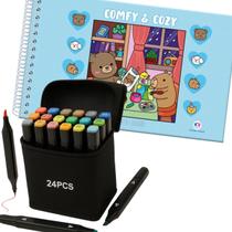 KIT Livro Comfy Cozy Azul Capa Dura Colorir e 24 Canetas Touch Pontas Duplas Educativo Passatempo Aulas Férias