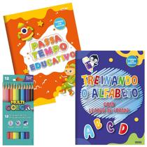 Kit Livro de Atividades Educativas 3 e 4 Anos + Lápis de Cor para Coordenação Motora Raciocínio Lógico Desenvolvimento