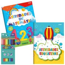 Kit Livro de Atividades Educativas 5 e 6 Anos + Lápis de Cor para Coordenação Motora Raciocínio Lógico Desenvolvimento