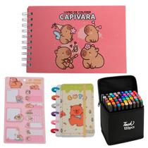 Kit Livro De Colorir 120 Canetas Capivara Adesivo Anotações
