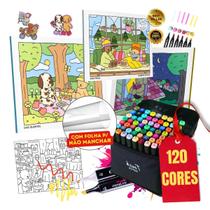 Kit Livro de Colorir 120 Cores Canetinha Touch Ponta Dupla Marcador