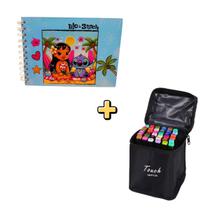 Kit Livro De Colorir Bobbie Goods stich e Conjunto De Canetinhas Ponta Dupla 36 cores capa dura