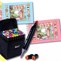 Kit Livro de Colorir Capa Dura 50 Páginas Infantil + Estojo com 36 canetinha Touch Caneta Marcadora