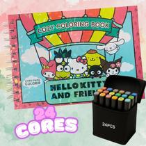 KIT Livro de colorir Capa dura Hello Kitty e Friends e jogo de 24 canetas marcadoras ponta dupla
