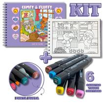 KIT Livro de Colorir Comfy e Fluffy - ROXO + 6 Canetas Touch Pontas Duplas Sortidas