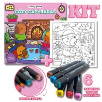 KIT Livro de Colorir COZY CAPYBARAS Comfy Goods + 6 Canetas Touch Pontas Duplas Sortidas