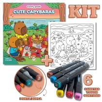 KIT Livro de Colorir CUTE CAPYBARAS Comfy Goods + 6 Canetas Touch Pontas Duplas Sortidas