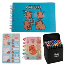 Kit Livro de Colorir e Pintar Capivara 120 Canetas Adesivo