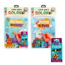 Kit Livro de Colorir Lavável Infantil Educativo Animais Mar Pets Sortido + 6 Giz de Cera Kids Escolar p/ Crianças Pintura Escola