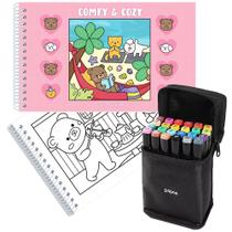 Kit Livro De Colorir Tik Tok Comfy And Cozy Blue 48 Desenhos + 24 Canetinhas Ponta Dupla