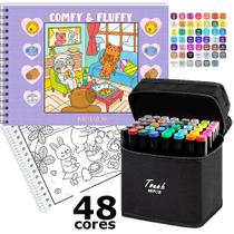 Kit Livro De Colorir TikTok Comfy and Fluffy Purple 48 Desenhos + 48 Canetinhas Marcador Ponta Dupla