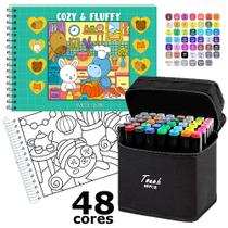 Kit Livro De Colorir TikTok Cozy and Fluffy Green 48 Desenhos + 48 Canetinhas Marcador Ponta Dupla
