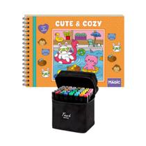 Kit Livro de Pintar + Canetinhas 48 Cores Ponta Dupla