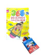 Kit Livro Infantil 365 Desenhos p/ colorir +12 Lápis de cor