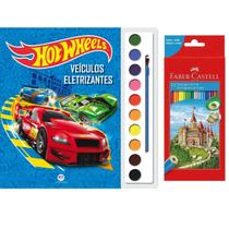 Kit Livro Infantil De Colorir com Aquarela e Lápis De Cor Coleção 12 Cores Hot Wheels