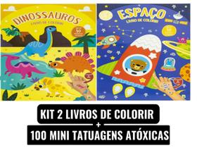Kit Livro Infantil de Colorir e 100 Tatuagem Maneiras Dinossauro e Espaço Meninos