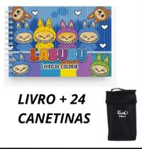 Kit Livro Labubu Colorir Capa Dura Azul + Estojo Canetinhas 24 Cores