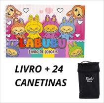 Kit Livro Labubu Colorir Capa Dura Rosa + Estojo Canetinhas 24 Cores
