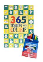 Kit Livro p/ colorir 365 Desenhos + 12 mini Lápis de cor