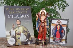Kit Livro Padre Reginaldo Manzotti ,Terço e Imagem de Santa Chagas - Divinas Artes