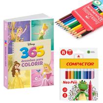Kit Livro para Colorir 365 Desenhos Princesas Disney com Lápis 12 Cores Faber e Canetinhas Hidro Infantil - Culturama